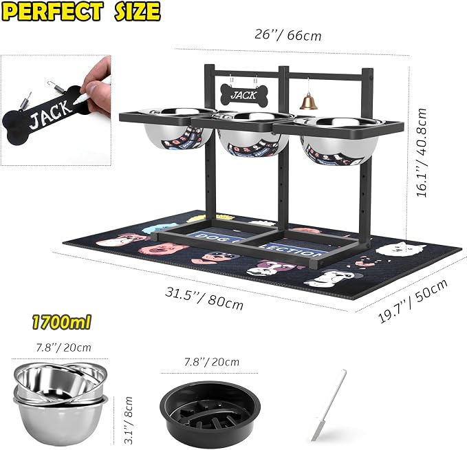 Elevated Dog Bowl Stand for Medium/Large Dogs with Slow Feeder & Mat, Adjustable Height 3.9'',5.5'',7.1'',8.7'',10.2'',11.8'', 58oz Raised Triple Dog Food Water Bowls - Image 3
