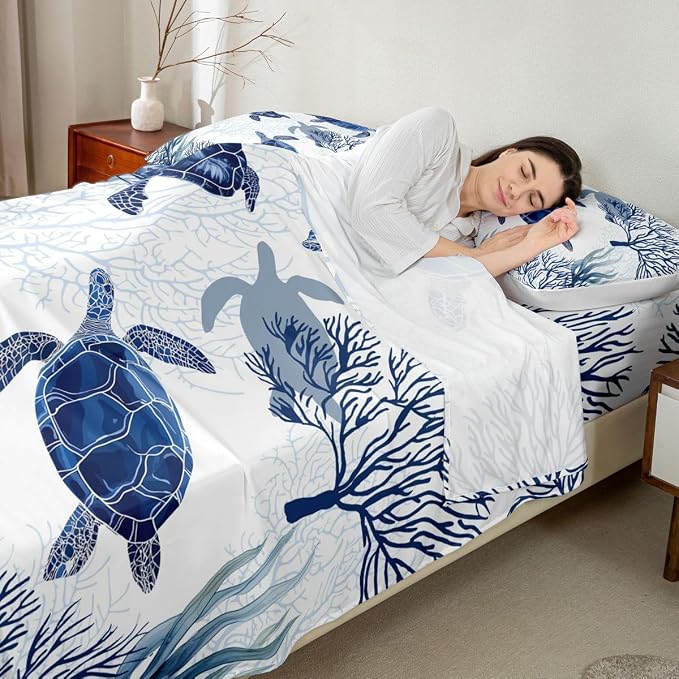 Turtle Sheet Set Full,White Blue Sea Turtle Bedding Set for Kids Boys Girls,Reptile Tortoise Fitted Sheet Ocean Beach Theme Top Sheet,Hawaiian Coastal Child 4 Pcs Bed Set,1 Flat Sheet, 2 Pillowcases - Image 6