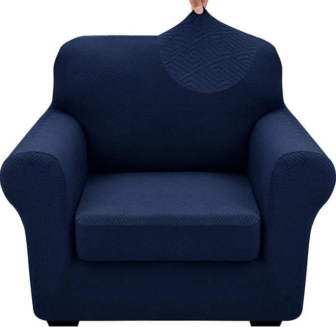XINEAGE 2026 New 2 Pieces Chair Covers with Arms Super Stretch Chair Slipcover for Living Room Pet Dog Universal Slip Cover Anti Slip Armchair Furniture Protector (Navy Blue), 31"-46"(1 Cushion) by XINEAGE