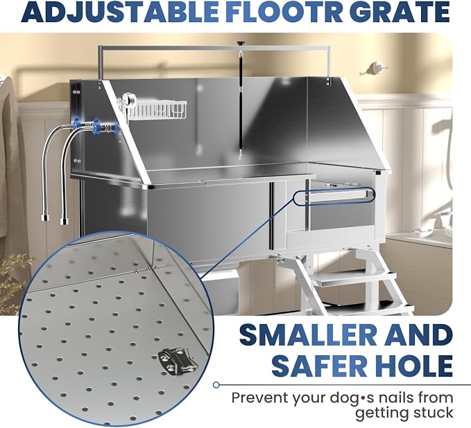 46" Dog Washing Station, Professional Stainless Steel Dog Bathing Station Dog Bathtub for Large & Medium Dog, Height Adjustable Dog Grooming Tub with Storage Drawer, Movable Stair (Right Stair) - Image 5