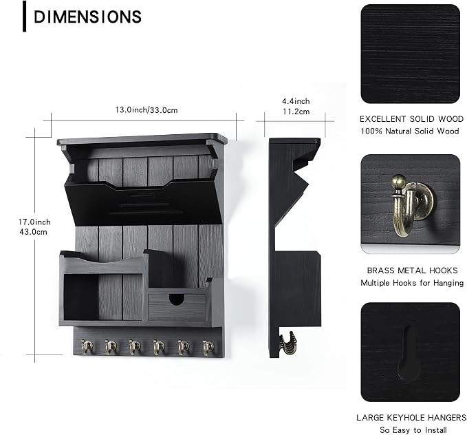 DOPACE Handcrafted Pine Wood Mail Organizer & Key Holder, Black | Hand-polished natural pine wood with storage drawer & 6 hooks, Fine spray paint finish, Easy wall mount - Image 3