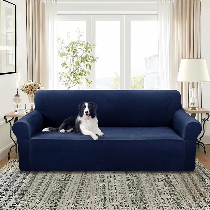 U-NICE HOME Velvet Sofa Covers Stretch Couch Covers for 3 Cushion Couch Furniture Protector Sofa Slipcover (XL Large, Navy) - Image 2