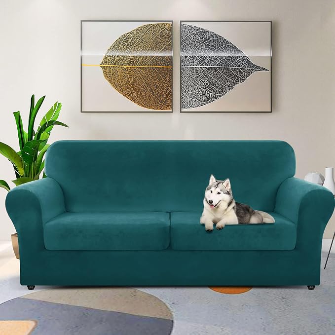ZNSAYOTX Oversized Velvet 3 Piece Couch Cover with 2 Extra Large Seat Cushion Covers Stretch Sofa Cover for 2 Cushion Couch Thick Soft Loveseat Sofa Slipcover (Deep Teal), 72"-92"(2 Cushions) - Image 2