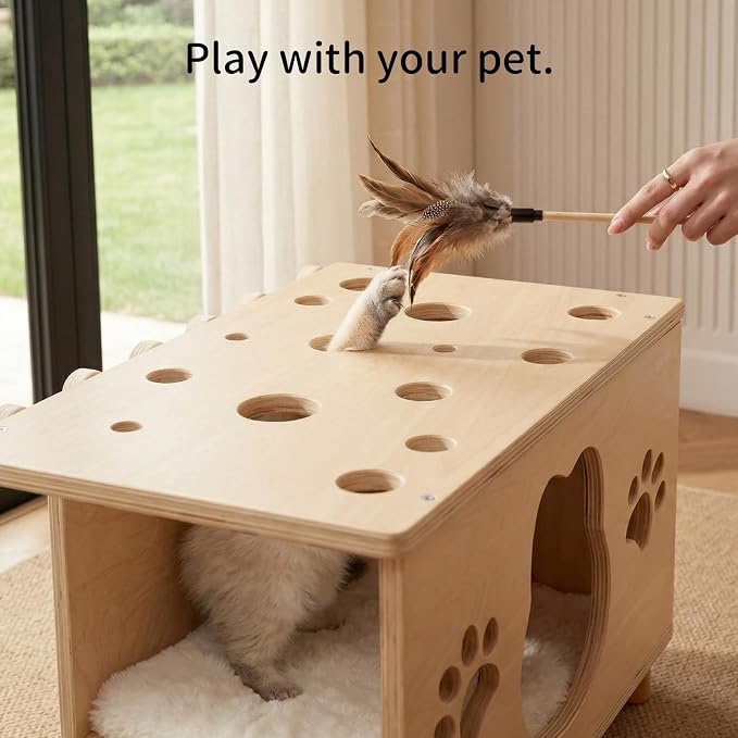 4-in-1 Wooden Cat House, Breathable Cat Cave with Washable Cushion Cat Beds for Indoor Cats - Image 4