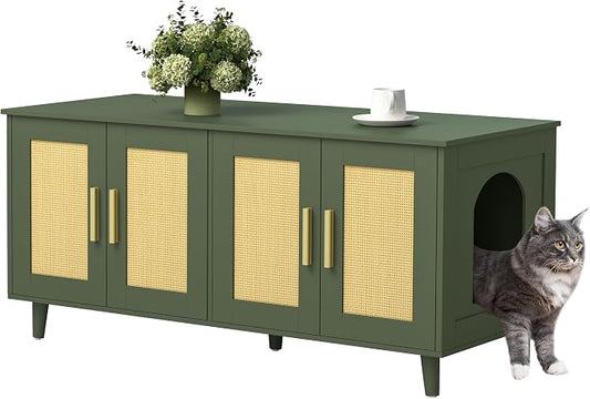 Homhedy Boho Cat Litter Box Enclosure for 2 Cats, Green and Natural | Hidden Litter Box Furniture with Double Rattan Decorated Doors, Cat Washroom, Cat House, Dog-Proof, TV Stand by Homhedy