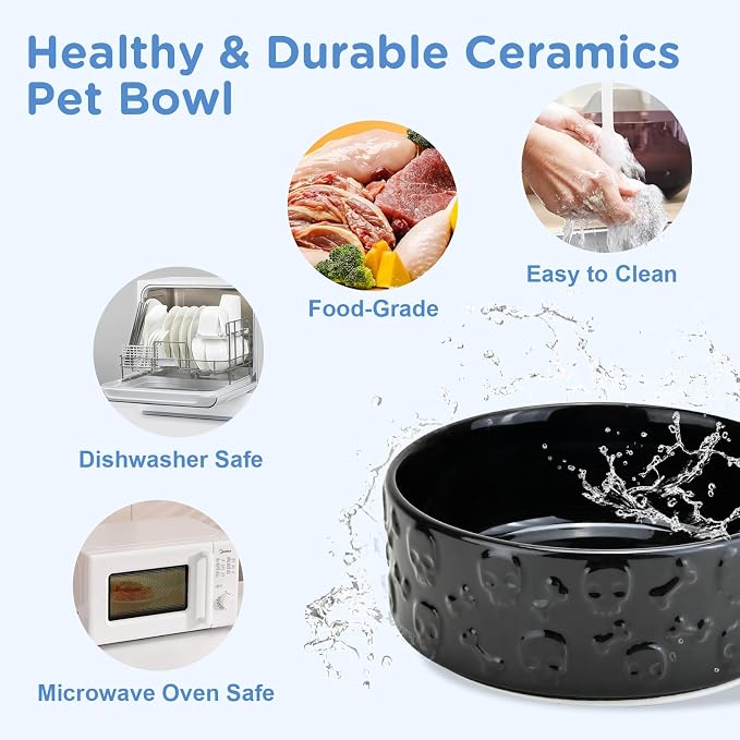 SPUNKYJUNKY Elevated Dog Bowls Ceramic, 5.1'' Dogs and Cat Food Water Bowls Raised with Non-Slip Bamboo Stand for Puppy Small Sized Breed Microwave Dishwasher Safe - 13.5 OZ,Skull Black - Image 5