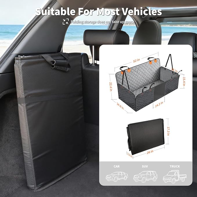 Dog Car Seat Cover 400LBS Hard Bottom Back Seat Extender for Dogs | Waterproof Polyester, Anti-Slip Surface, 3 Removable Hard Plates, Side Storage Pockets, 4-Mode Convertible - Image 2