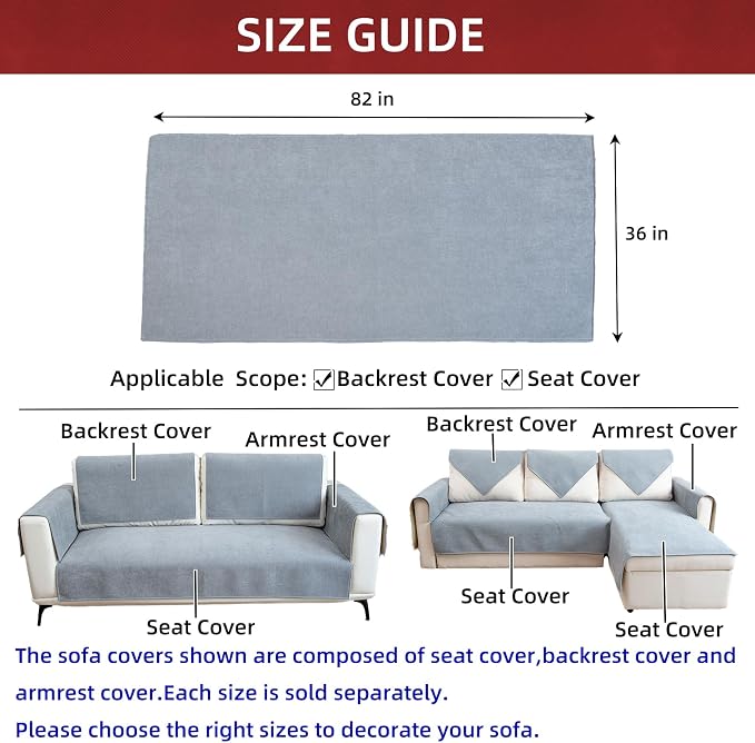 Couch Cover Sectional Couch Covers Non Slip Sofa Covers Washable for 3 Cushion Couch L Shaped Couch Protector Sofa Slipcovers for Kids Dogs Pets,Chenille,Light Gray,36''x82''(Only 1 Piece) - Image 3