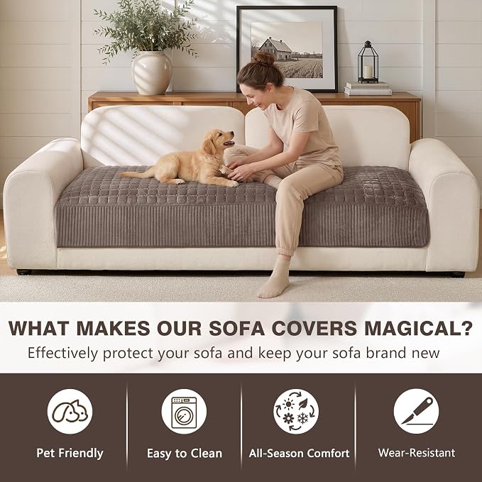 OHSIO Soft Plush Couch Cover for Sofa, Washable Milk Velvet Sofa Slipcover, Non-Slip Furniture Protector for 1 2 3 Seater Couch, Dogs, Pets and Kids(Brown, 35.43'' x 70.87'') - Image 3