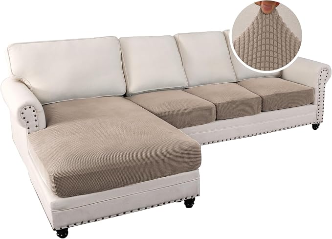 H.VERSAILTEX Sectional Couch Covers 4 Pieces Sofa Seat Cushion Covers L Shape Separate Cushion Couch Chaise Cover for Both Left/Right Sectional Couch (Seat Only: 1 Chaise + 3 Sofa, Sand) - Image 2