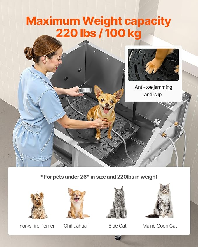 VEVOR 38 Inch Stainless Steel Dog Washing Station, Pet Grooming Tub with Hot & Cold Faucet, Showerhead, Home Wash Sink, Fits Small and Medium Cats and Dogs, Non-Slip Stairs (Left Door) - Image 4