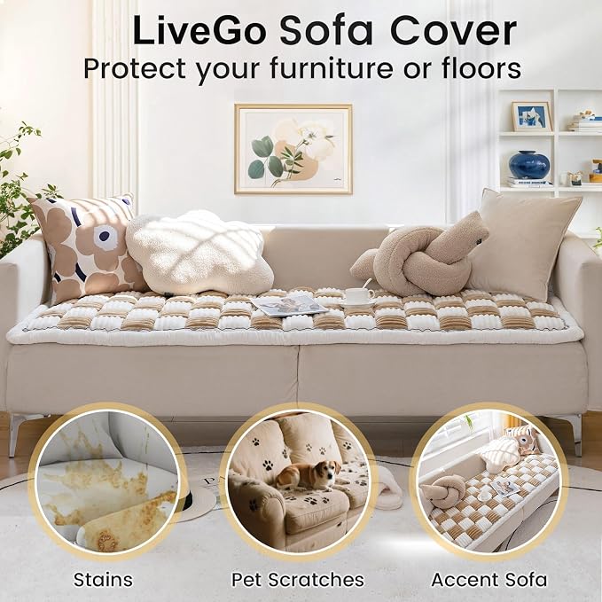 LiveGo Couch Cover for Dogs Washable, Sofa Cover Protector, Couch Covers for 3 Cushion Couch Sofa Pet Friendly, Soft, Non Slip (Light Coffee, 70x180 cm / 27.6x70.9 in) - Image 4