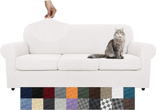 YEMYHOM Latest Checkered 4 Pieces Couch Covers for 3 Cushion Couch Extra Large High Stretch Thickened Sofa Cover for Dogs Anti Slip Furniture Protector Sofa Slipcovers (White), 91"-110"(3 Cushions) by YEMYHOM