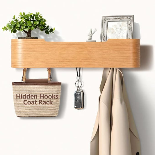 Coat Rack Wall Mount with Hidden Hooks Modern Key Holder Wood Entryway Hook with Shelf for Bedroom Kitchen Hallway Bathroom Designed for Hanging Coats Hats Bags Towels Dog Leashe(Oak,4 Hooks) by Jadoxy