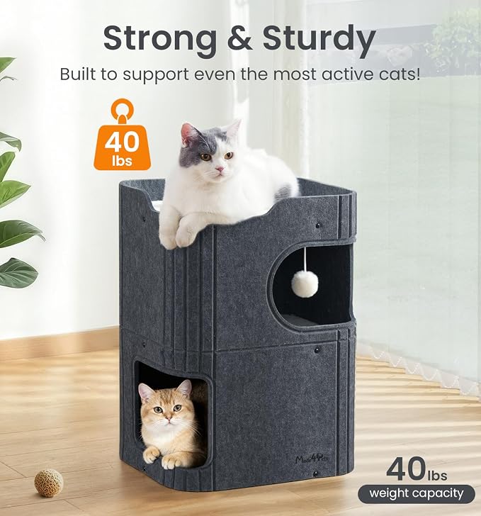 Made4Pets Cat House for Indoor Use, 2-Storey Cube Bed Cave, Covered Hideaway Condo with Scratch-Resistant Felt, Foldable Easy-to-Clean Design for Multi-Cat Homes, Dark Grey - Image 5