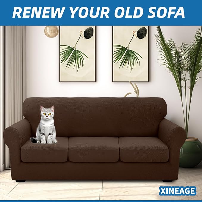 XINEAGE 2026 New 4 Pieces Extra Large Couch Covers for 3 Cushion Sofa Super Stretch Sofa Cover for 3 Large Seat Cushion Universal Fitted Slip Cover for Living Room (Coffee), 91"-110"(3 Cushions) - Image 4