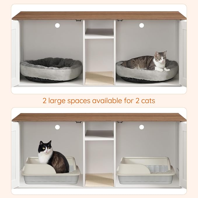 HOOBRO Double Litter Box Enclosure, Modern Cat Litter Box Furniture with Storage and Mat Design, Farmhouse Hidden Litter Box Enclosure with 2 Hooks, White and Walnut WH23MW01 - Image 4