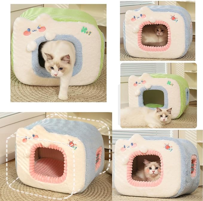 Cute Cat Bed for Indoor Pets - House Tent With Removable Washable Cushioned Pillow, Dog Bed With Cover Cave, Pet Bed (E) - Image 5