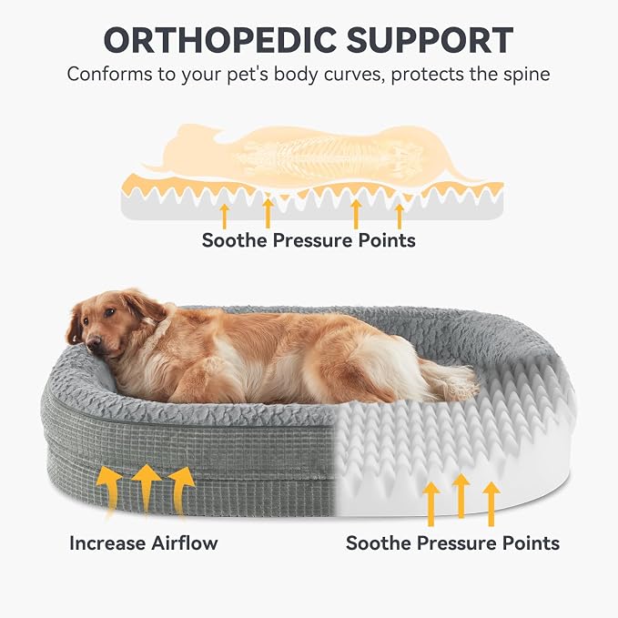 JOEJOY Orthopedic Dog Beds Large Sized Dog, XL Egg-Crate Memory Foam Pet Couch Bed with Bolster Sides, Waterproof Lining, Removable Washable Cover & Non-Slip Bottom, Light Grey - Image 2