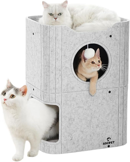 ABCPET Cat House for Indoor Cats, Cat Condo Cat Bed Cave, Felt Cats Hideaway Condo with Resistant Scratching Freedom Kitten Cube & Hanging Ball, Light Gray by ABCPET