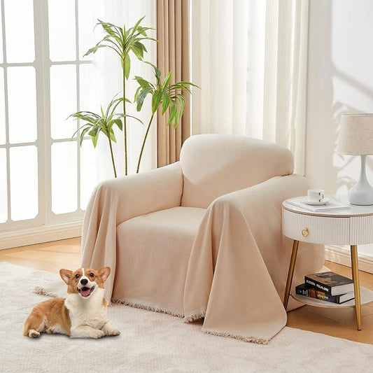 Chair Cover for Washable Sectional Couch Covers, Chair(71"x91"), Beige | Couch Covers Protector with Tassel Sofa Slipcover for Pet & Kid Friendly by LuxshareHome