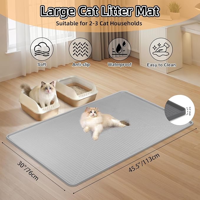 Silicone Cat Litter Mat 45" x 30" Cat Mat for Litter Box, Light Grey | Extra Large Cat Litter Trapping Mat for Floor, Waterproof, Non-Slip Kitty Litter Box Mat with Raised Edge, Easy to Clean - Image 2