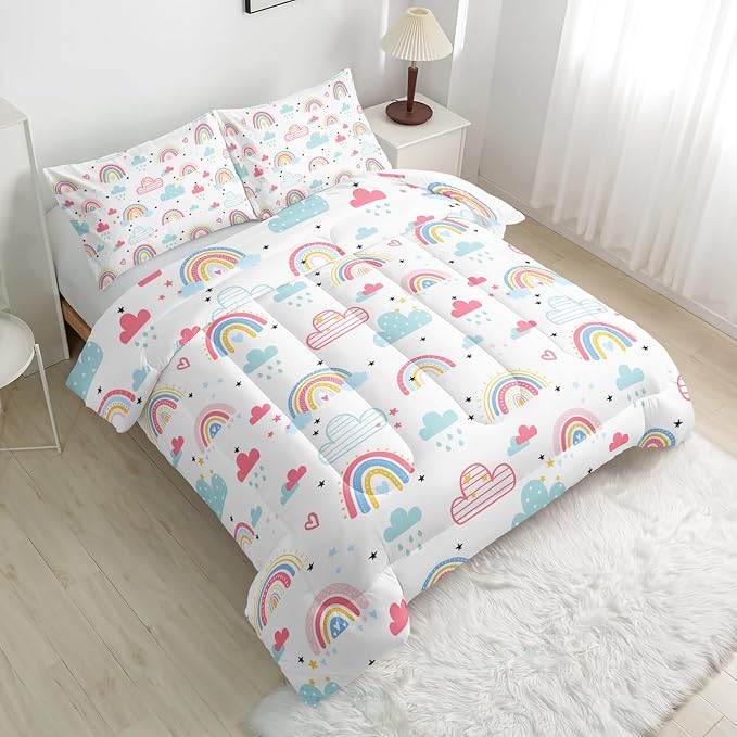 Nttopship Rainbow Comforter Sets Comfort King Size， Bedding Sets for Kids,Kawaii Clouds and Rainbows Comforter Sets All Season 1 Comforter and 2 Pillowcases - Image 8