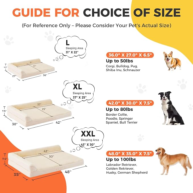 Dog Bed Large Sized Dogs, Orthopedic Dog Bed for Large Dogs, Waterproof Pet Bed with Washable Removable Cover, L-Shaped Pet Couch with Portable Handle 36"x27"x6.5", Beige - Image 5
