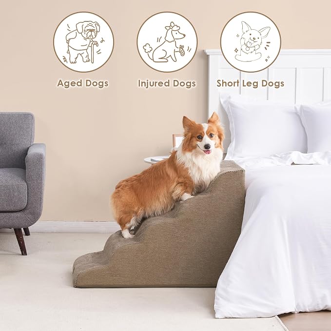 EHEYCIGA Curved Dog Stairs Ramp for High Beds, 5-Step Extra Wide Dog Steps for Small Dogs and Cats, Pet Stairs for High Bed Climbing, Non-Slip Balanced Pet Step Indoor, Camel - Image 5