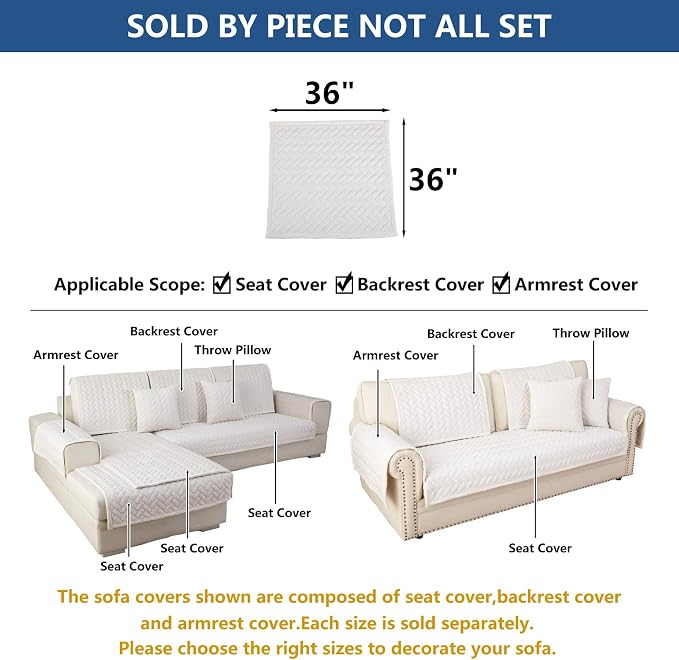 Eismodra Couch Cover,Sectional Couch Covers,Sofa Covers for 3 Cushion Couch,Anti-Slip Sofa Slipcovers for Dogs Cats Kids Loveseat Recliner L Shaped Armrest Backrest,White 36''x36''(Only 1 Piece) - Image 5