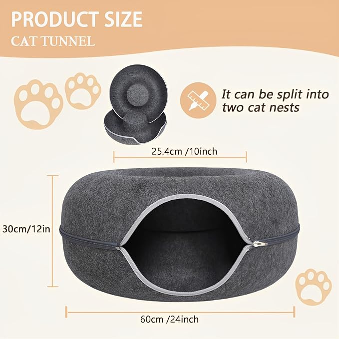 24inch-Tunnel Bed for Indoor,cattasaurus Peekaboo cat cave for Multiple,Detachable Felt Felt Washable Interior for Indoor Cats,Donut Tunnel (Dark Grey) - Image 4