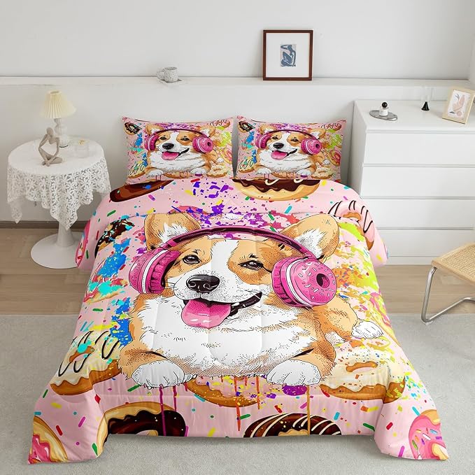 Homewish Watercolor Donuts Comforter Set King Size 3pcs, Graffiti Cartoon Dog Cute Animal Print Bedding Set for Kids Girls Boys, Dessert and Animal Theme Polyester Quilt Duvet for Dorm Bedroom, Pink - Image 2