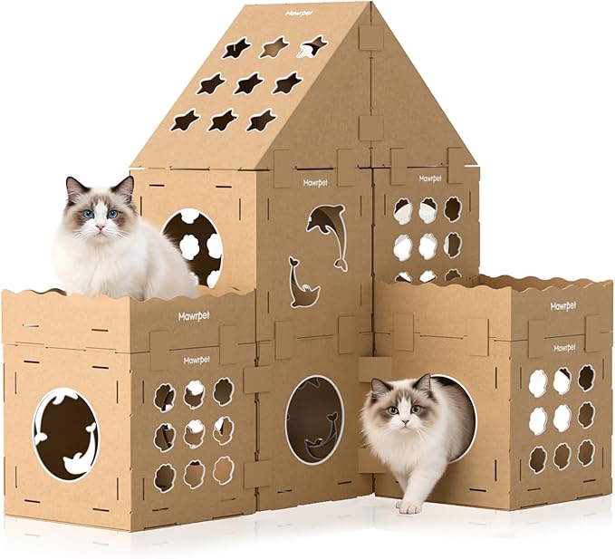 DIY Cat Scratcher Cardboard House, Scratching Cat Play House, a Versatile Box, Indoor Kitty Scratcher Hideout for One or More Cats Brown, Cat Tower Castle Tunnel 10 Parts by Mawrpet