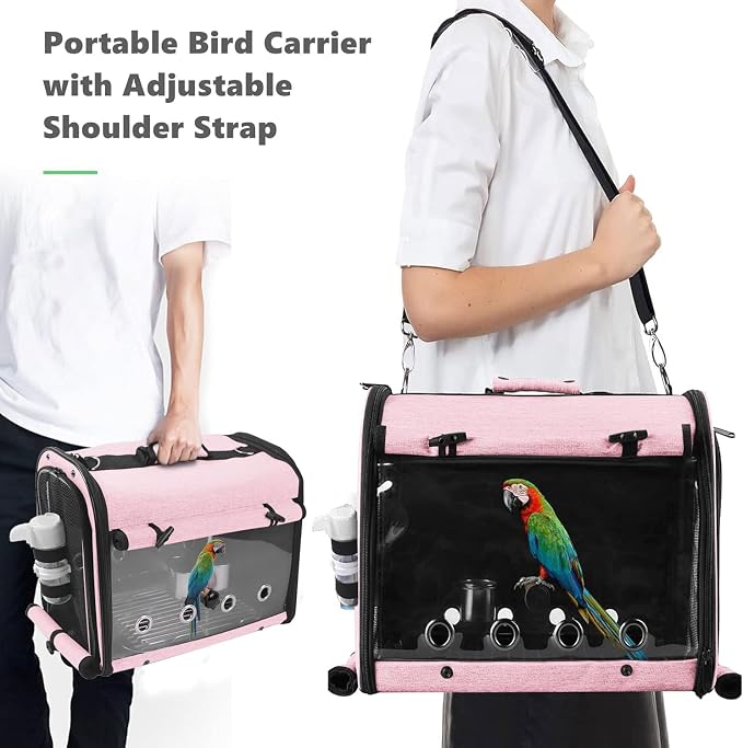 Bird Carrier Bag with Stand, Lightweight Backpack for Parrot, Portable Cockatiel Travel Cage with Accessories, Pet Transparent Breathable Carrier, Pink - Image 4