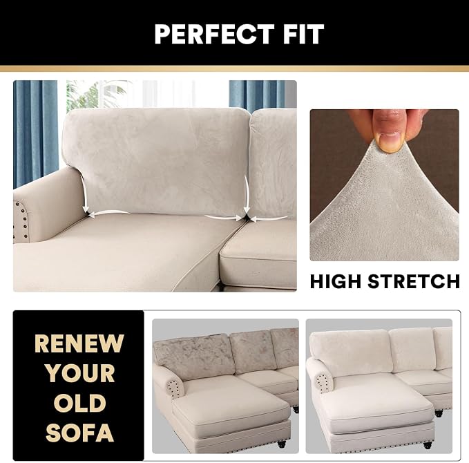 PrinceDeco Sectional Couch Covers Velvet Cushion Covers for Sectional Couch Washable Cushion Covers for Sectional Sofa Pet Friendly Sectional Sofa Slipcovers(1 Chaise Back+ 3 Sofa Back,Ivory) - Image 5