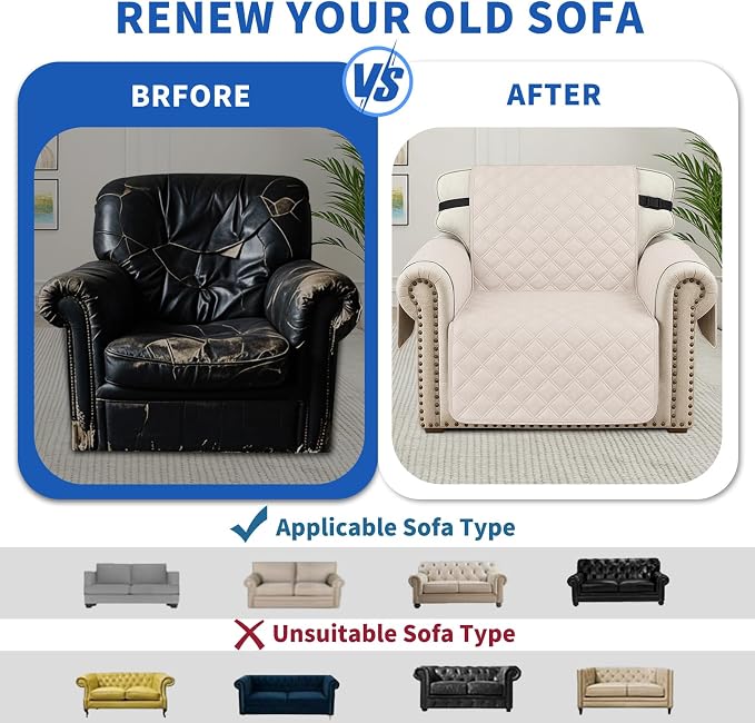 Waterproof Chair Covers for Living Room, Sofa Covers for Pets Washable with Side Pockets, Non Slip Couch Covers for Dogs, Quilted Dog Couch Cover with Elastic Straps (Armchair, Beige) - Image 7