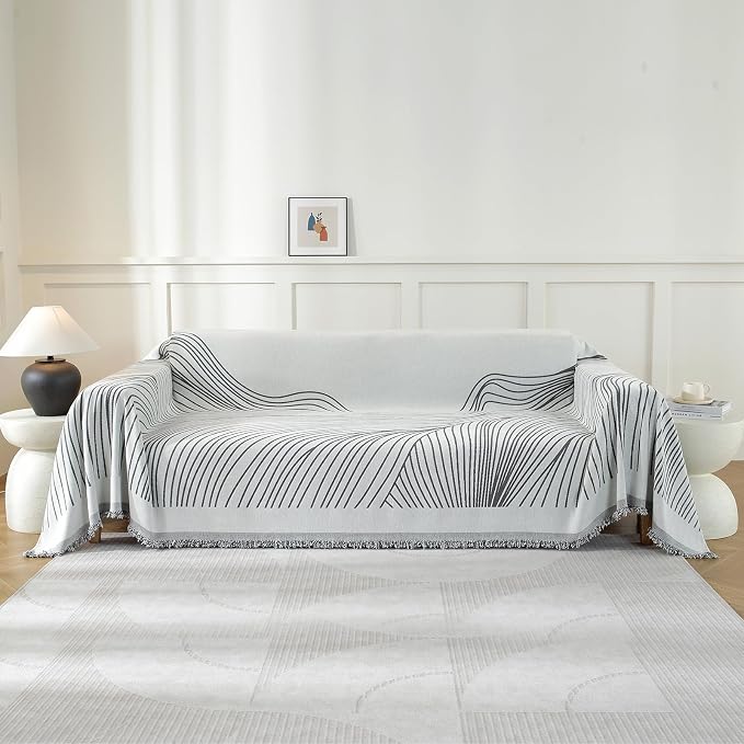 Couch Cover for Sofa, Boho Sofa Cover Washable Couch Cover for Dogs, Pet Sofa Cover for 2-Cushion Couches with Tassel Furniture Protector Cover,71" x 102",Dark Gray-Wave by YSTELLAA