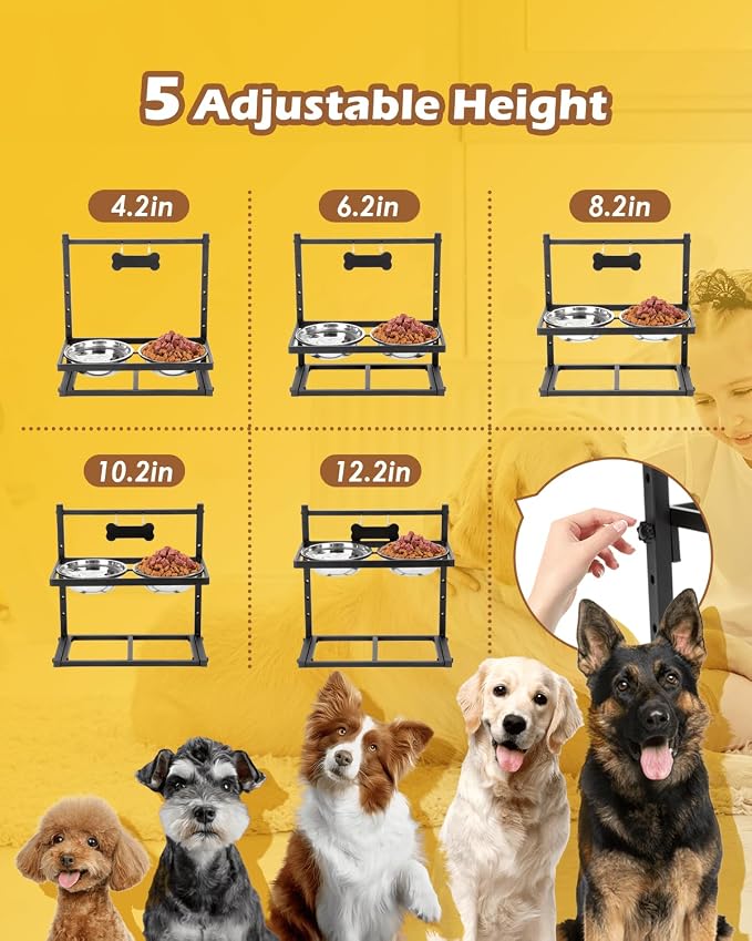Elevated Dog Bowls with Slow Feeder & Mat, Adjusable Height Raised Dog Bowl Stand with 2 Stainless Steel 1200ML Bowl - Image 4