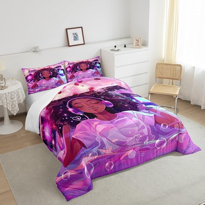 Manfei Musical Girl Bed Comforter Set - Queen Size, African Style American Cool Girl Starry Bubble Super Soft Microfiber Bedding Set for Girls, Hippie Music Headset Radio Purple Quilter Set - Image 4