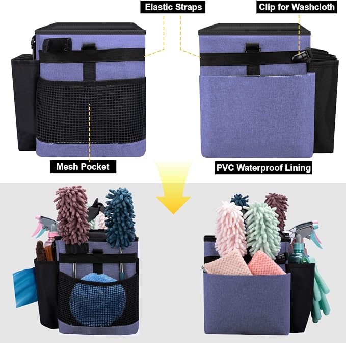 Wearable Large Cleaning Caddy Bag for Housekeeper, Clean Supply Organizer with Adjustable Shoulder, Waist & Handle Straps, Detailing Bag for Kitchen Supplies (Purple) - Image 5