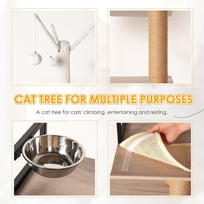 Cat Tree with Litter Box Enclosure - Modern Cat Condo with Scratching Posts, Feeding Bowl & Removable Pompom Sticks, Gray - Image 7