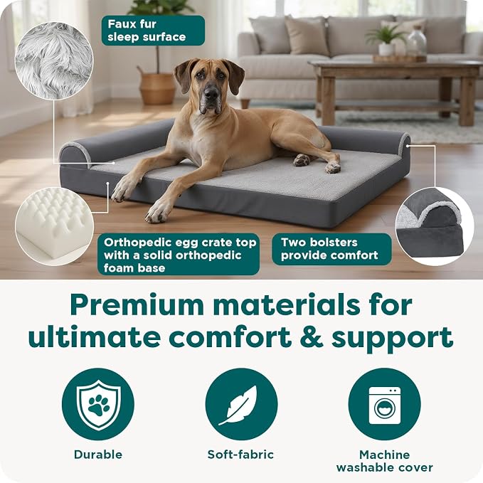 FurHaven Orthopedic Dog Bed for Large Dogs, L-Shaped Chaise Mattress, Egg Crate with a Solid Orthopedic Foam Base for Joint Support, Removable Washable Cover, Jumbo XL, Plush & Velvet, Sable Brown - Image 5