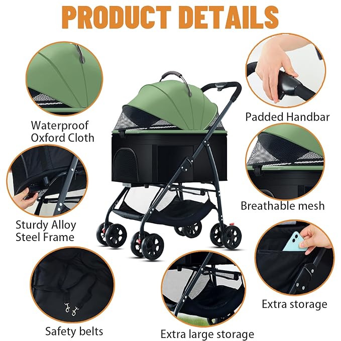 3-in-1 Pet Dog Stroller, Dog Wagon with Removable Carrier, Cat Stroller for Medium Dogs Up to 55lbs (Green)