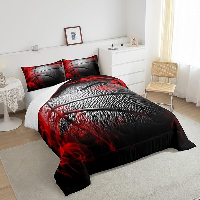 Homewish Basketball Comforter Set Twin Size Black Basketball Print Bedding Set 2pcs for Kids Boys Teens Gaming Sports Theme Duvet Insert with 2 Pillowcases Games Room Decor - Image 5