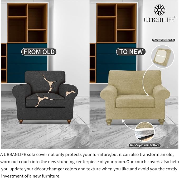 URBANLIFE 2-Piece Stretch Sofa Covers for 1 Cushion Couch, Coffee | Super fitted spandex slipcovers for couches. Non-slip elastic bottom. Machine washable furniture protector for kids & pets. - Image 5