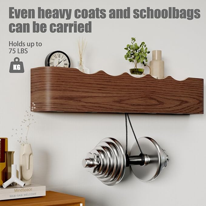 Coat Rack Wall Mount with Shelf 8 Hidden Hooks Modern Wooden Key Holder Entryway Organizer for Hallway Bedroom Bathroom Home Decor Storage for Hanging Coats Hats Bags Towels, Wave-Shape Black - Image 4
