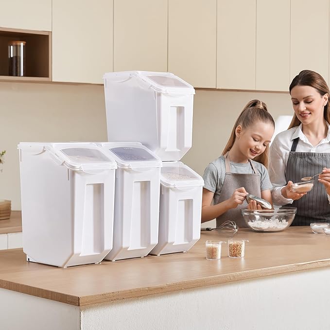 VEVOR Rice Storage Container, 3.5Gal/15Lx2 + 4.5Gal/20Lx2 Large Dog Food Dispenser Bin, Kitchen Ingredient Grain Cereal Bin, Pet food Containers with Wheels, 4 Measuring Cups, Airtight Lid, 4 Pack - Image 9