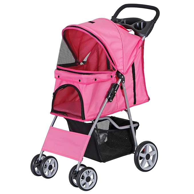 Pet Stroller 4 Wheels Dog Cat Stroller for Small Medium Dog Cats Carrier Jogger Travel Foldable Puppy with Storage Basket and Cup Holder (Pink)