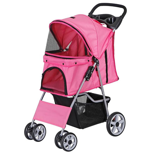 Pet Stroller 4 Wheels Dog Cat Stroller for Small Medium Dog Cats Carrier Jogger Travel Foldable Puppy with Storage Basket and Cup Holder (Pink)