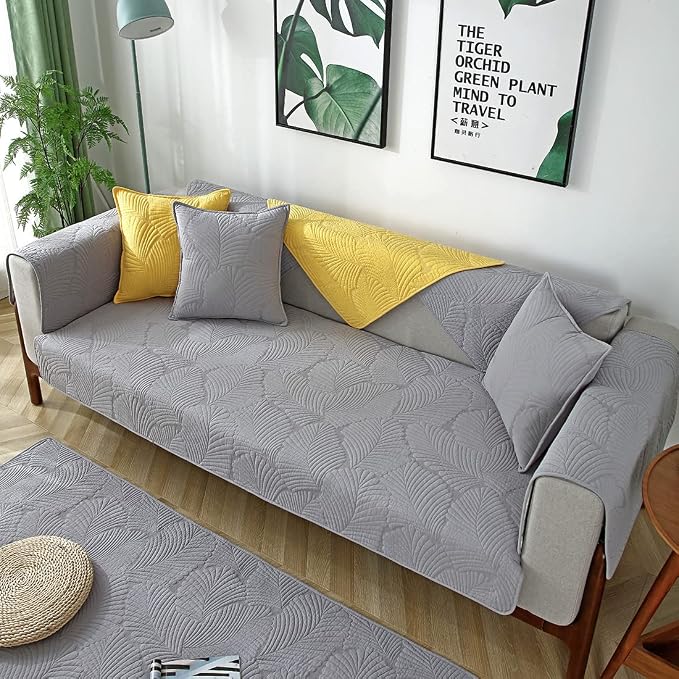 Solid Color Leaf Cotton Quilted Sofa Covers for 3 Cushion Couch Anti-Slip Soft Couch Cover for Dogs Pets Kids Recliner Loveseat L Shaped (Light Grey,28''x47'') - Image 3
